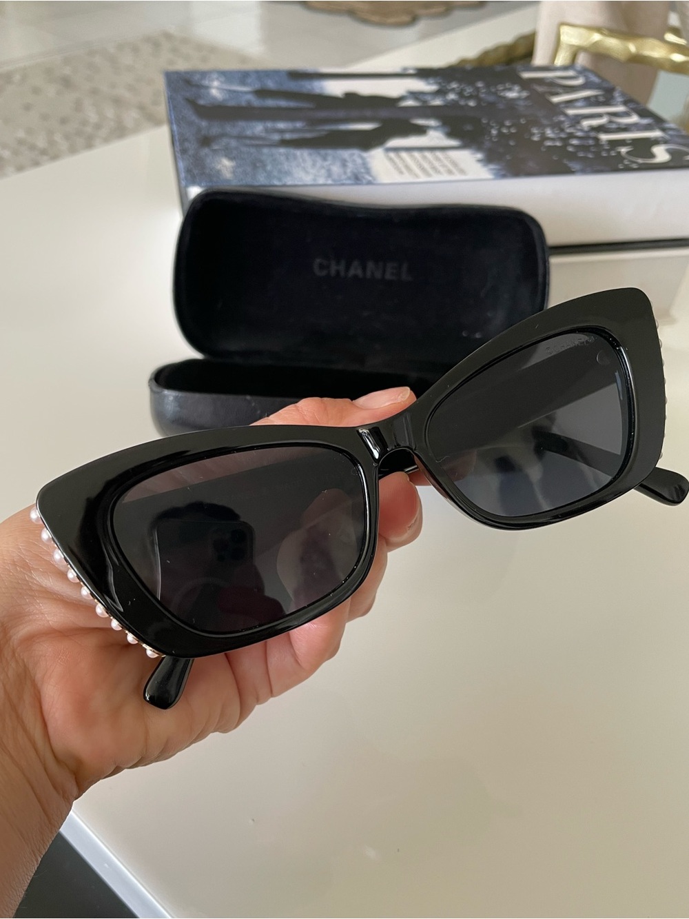 CHANEL Black Cat-Eye Sunglasses with Pearl Trim